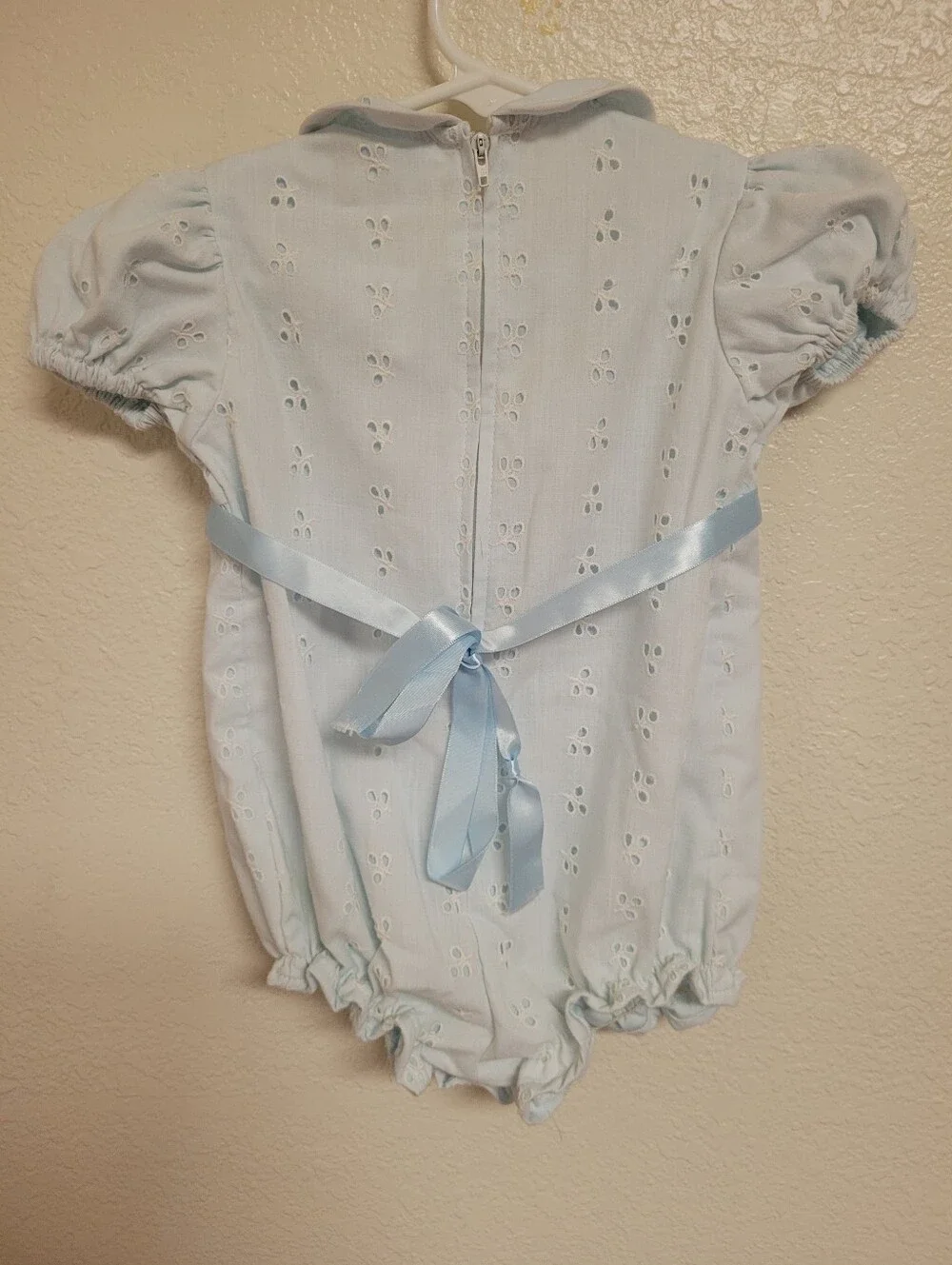 Lisa Jackson Blue Eyelet Bubble Romper with Satin Belt